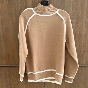 Elegant Tan Turtleneck Sweater with White Trim